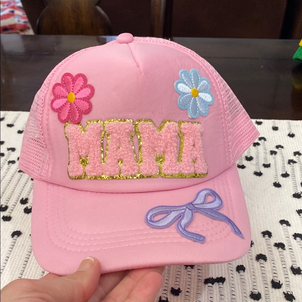 Pink 'MAMA' Cap with Floral and Bow Accents